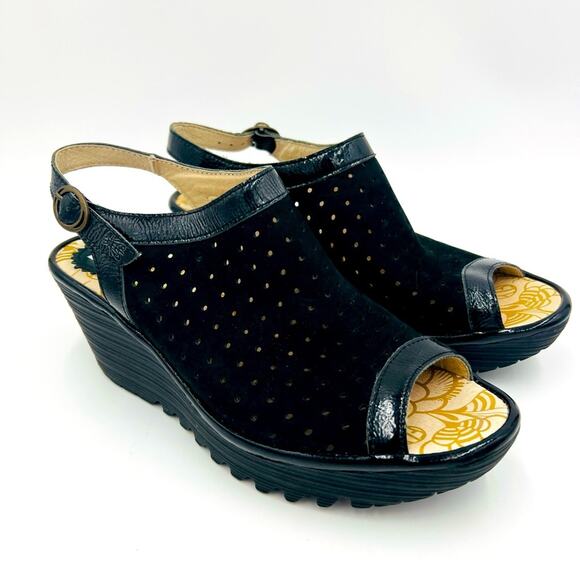 FLY London Yile Black Perforated Leather Peep Toe Platform Wedge Sandal Size 8 - Picture 1 of 14